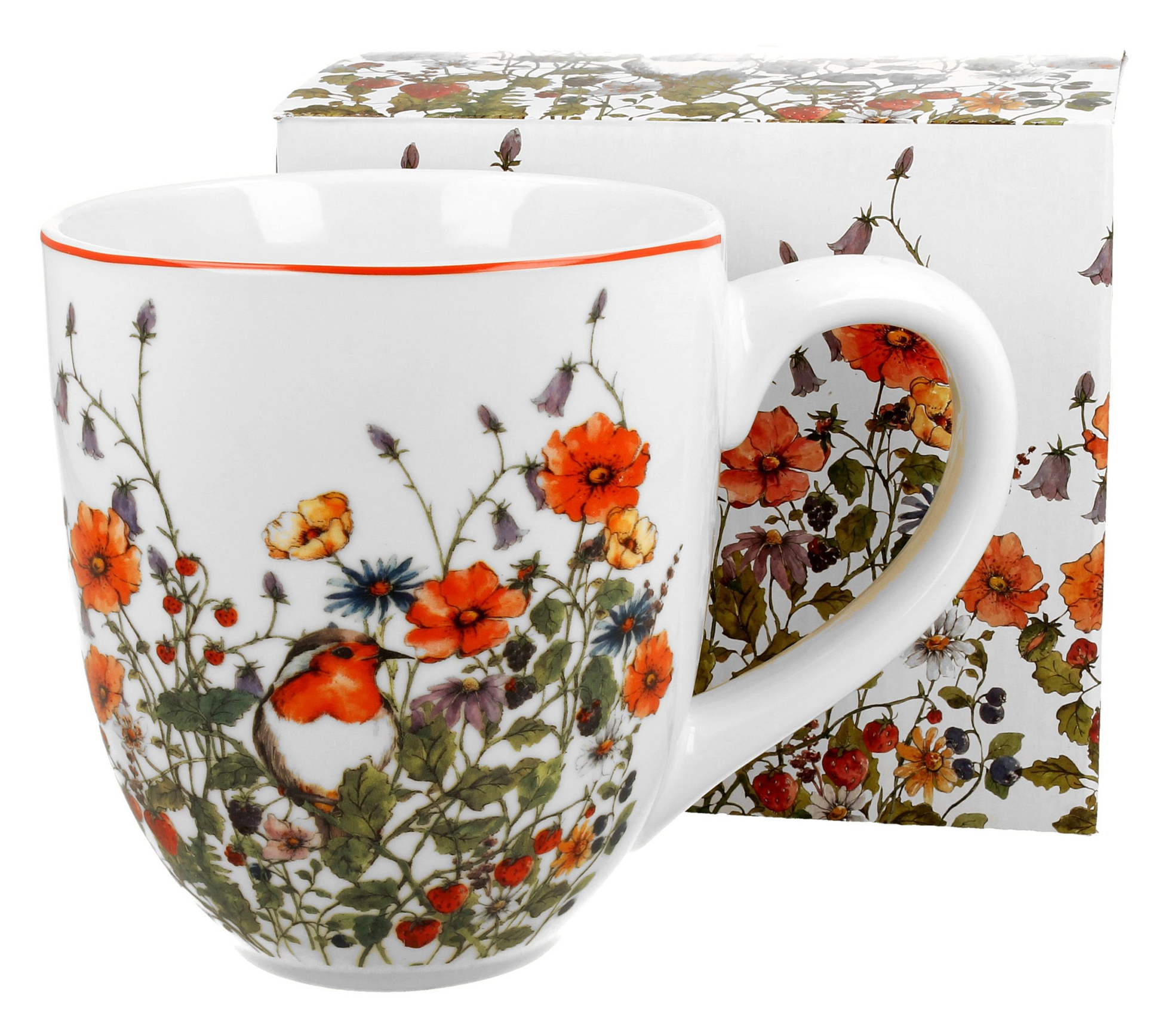 Duży kubek Wild Bird z kwiatowym wzorem zaprezentowany wraz z ozdobnym pudełkiem.