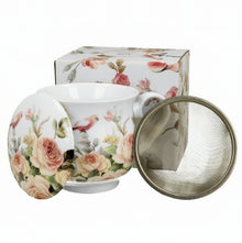 Kubek porcelanowy Anna z zaparzaczem i pokrywka w kwiatowy wzor z rozami
