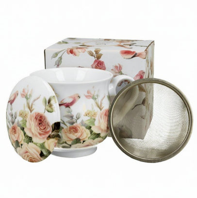 Kubek porcelanowy Anna z zaparzaczem i pokrywka w kwiatowy wzor z rozami