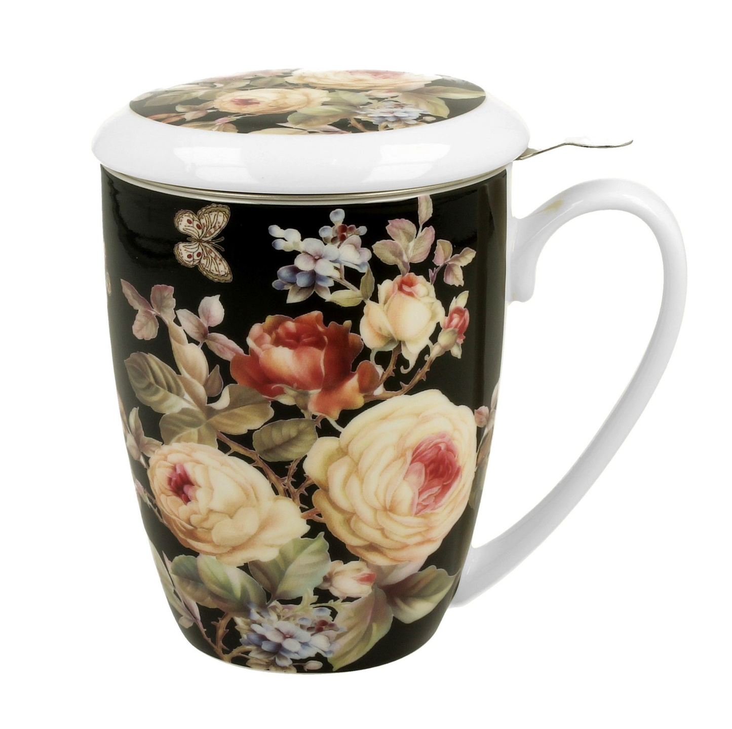 Kubek porcelanowy Warda z porcelanową pokrywką i kwiatowym motywem na czarnym tle.