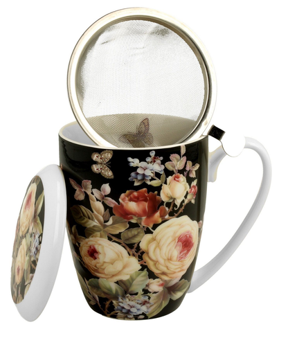 Kubek porcelanowy Warda 380 ml z zaparzaczem ze stali nierdzewnej i pokrywką.