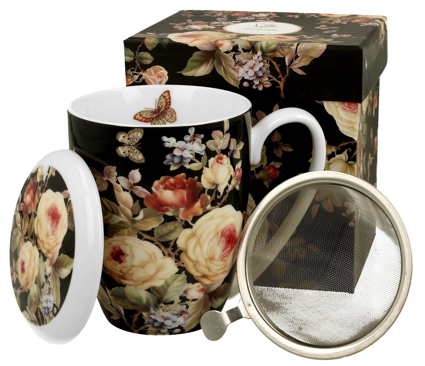 Komplet porcelanowy Warda – kubek 380 ml z zaparzaczem, pokrywką i ozdobnym pudełkiem.