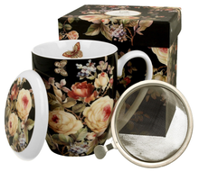 Komplet porcelanowy Warda – kubek 380 ml z zaparzaczem, pokrywką i ozdobnym pudełkiem.