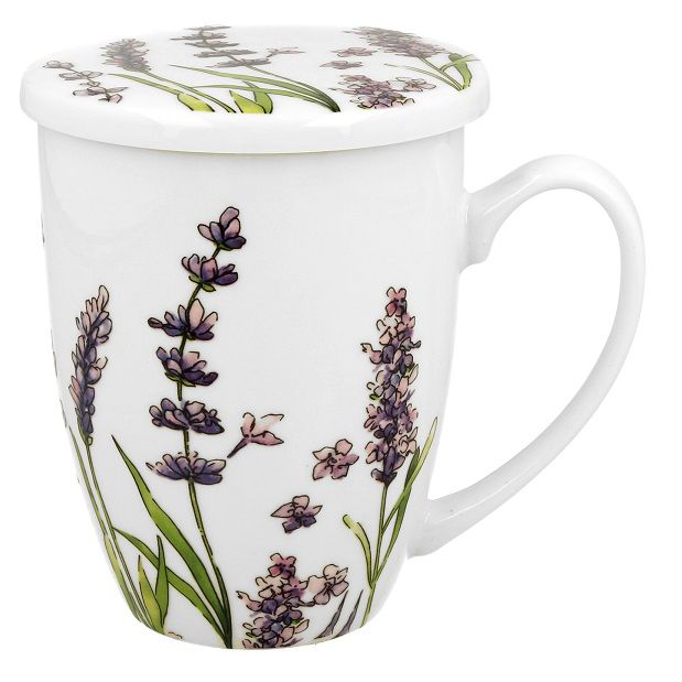 Kubek porcelanowy Classic Lavender 380 ml z wieczkiem i dekoracją w lawendowe kwiaty.