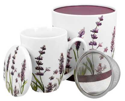 Zestaw: kubek porcelanowy Classic Lavender 380 ml z zaparzaczem i przykrywką.