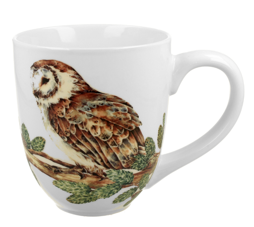 Porcelanowy kubek XXL z sową w naturalistycznym stylu, ujęcie z boku.