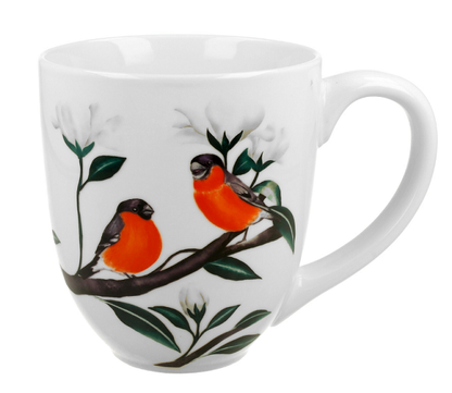 Kubek porcelanowy XXL Gile – wzór z czerwonymi ptakami i białymi kwiatami.