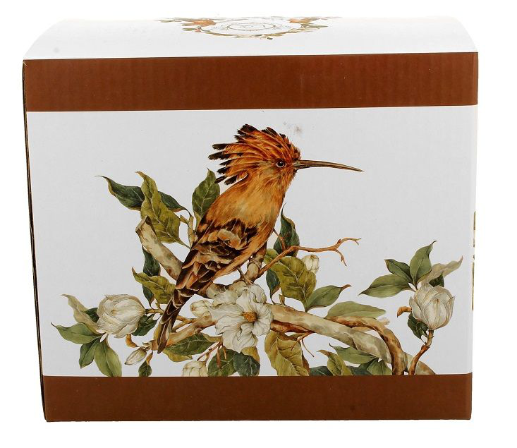 Pudełko z motywem dudka siedzącego na gałęzi, otoczonego liśćmi.