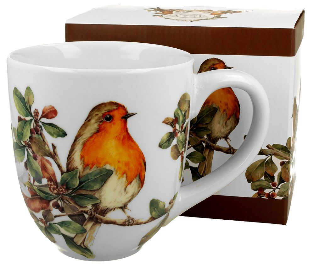 Ozdobne pudełko z motywem rudzików siedzących na gałązkach.