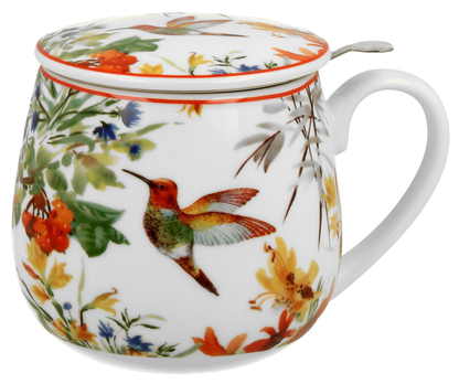 Kubek porcelanowy Linnea 430 ml z motywem kolibra i kolorowych kwiatów, widoczny z przykrywką.