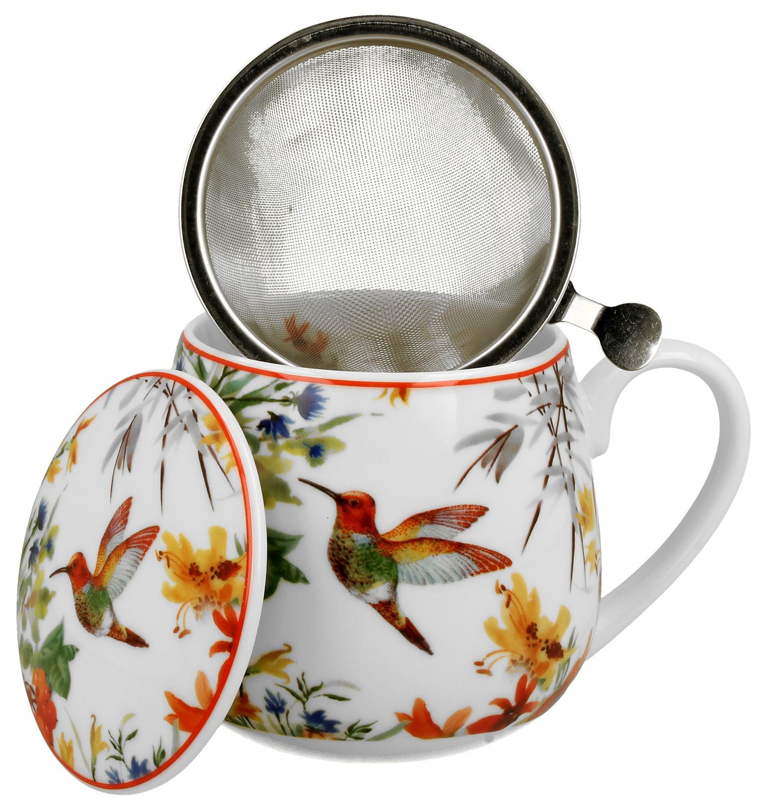 Kubek porcelanowy Linnea baryłka 430 ml z zaparzaczem i dekoracją w kolibry i kwiaty.