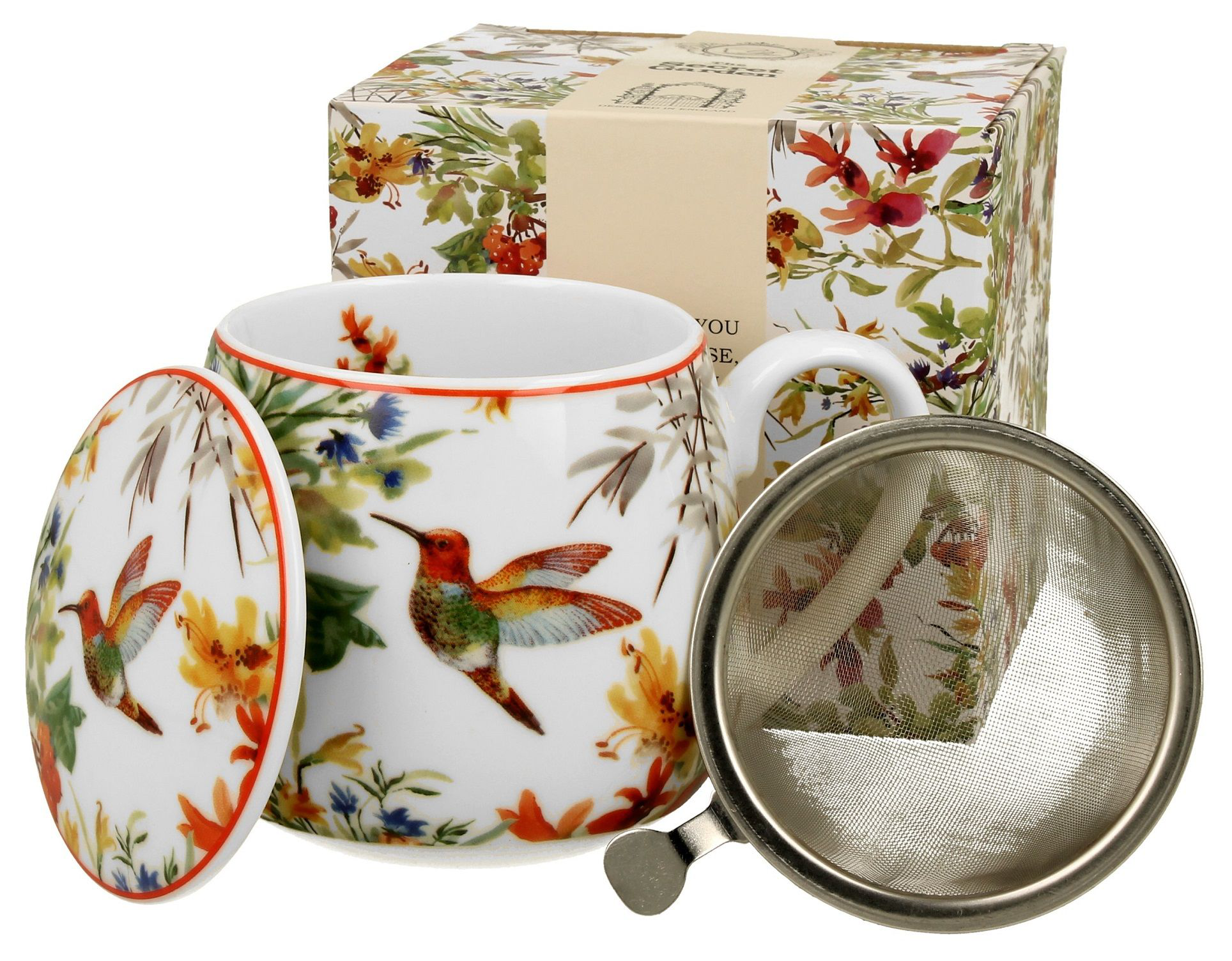 Kubek Linnea 430 ml z zaparzaczem, pokrywką i pudełkiem ozdobnym w kwiaty, ujęcie zestawu.
