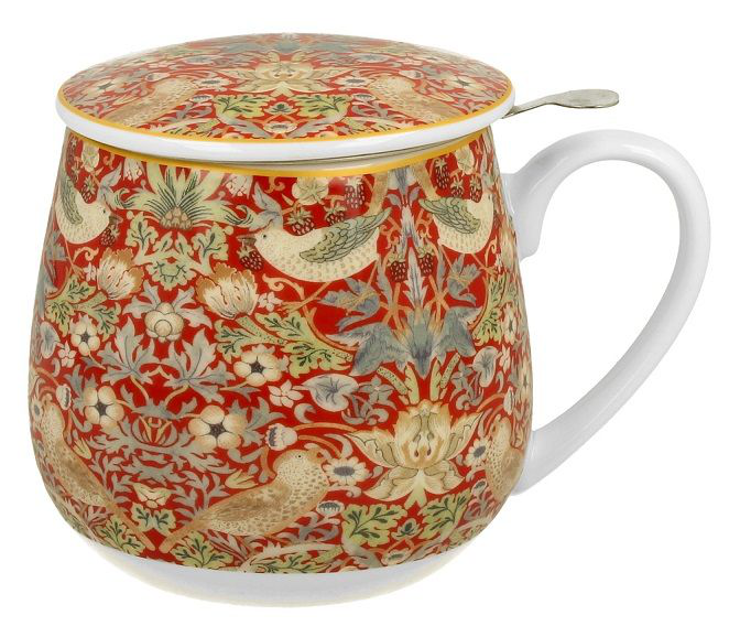Elegancki porcelanowy kubek baryłka w czerwonym wzorze Strawberry Thief, z dopasowaną pokrywką i wygodnym uchem.
