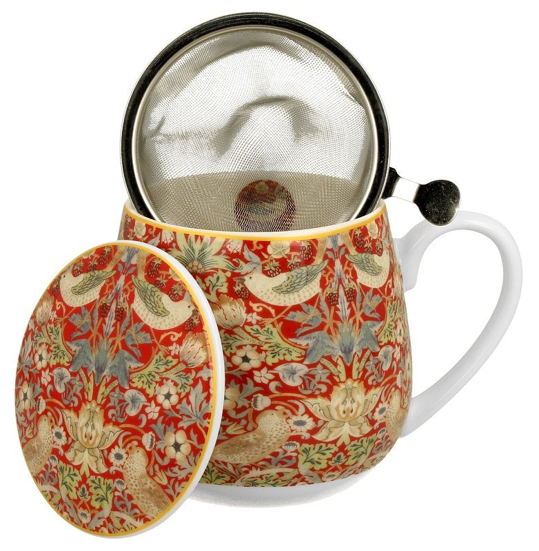 Kubek baryłka Strawberry Thief Red o pojemności 430 ml z porcelanową pokrywką i metalowym zaparzaczem.