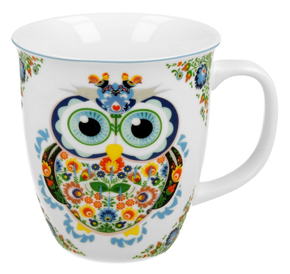 Kubek porcelanowy 650 ml z kolorowym motywem sowy i kwiatów.