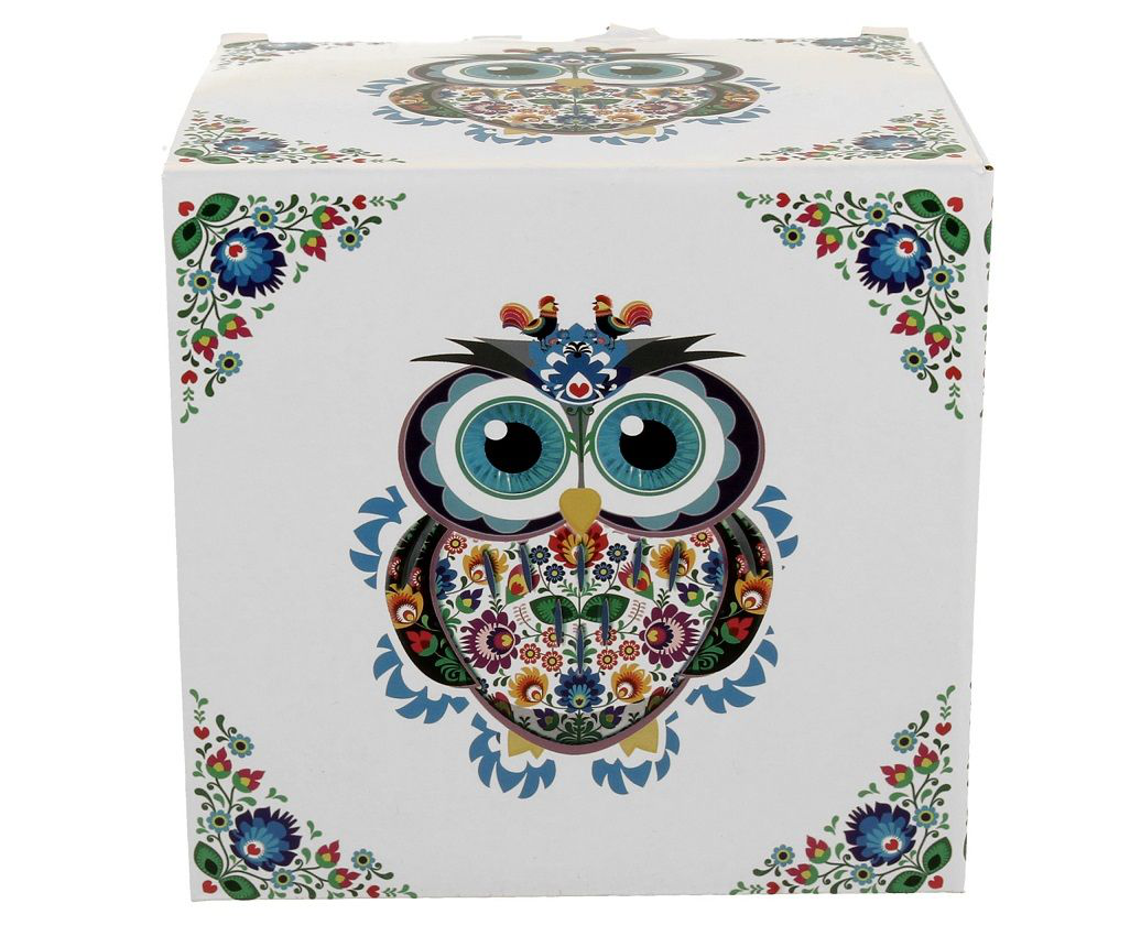Ozdobne pudełko z etnicznym wzorem sowy i kwiatów.