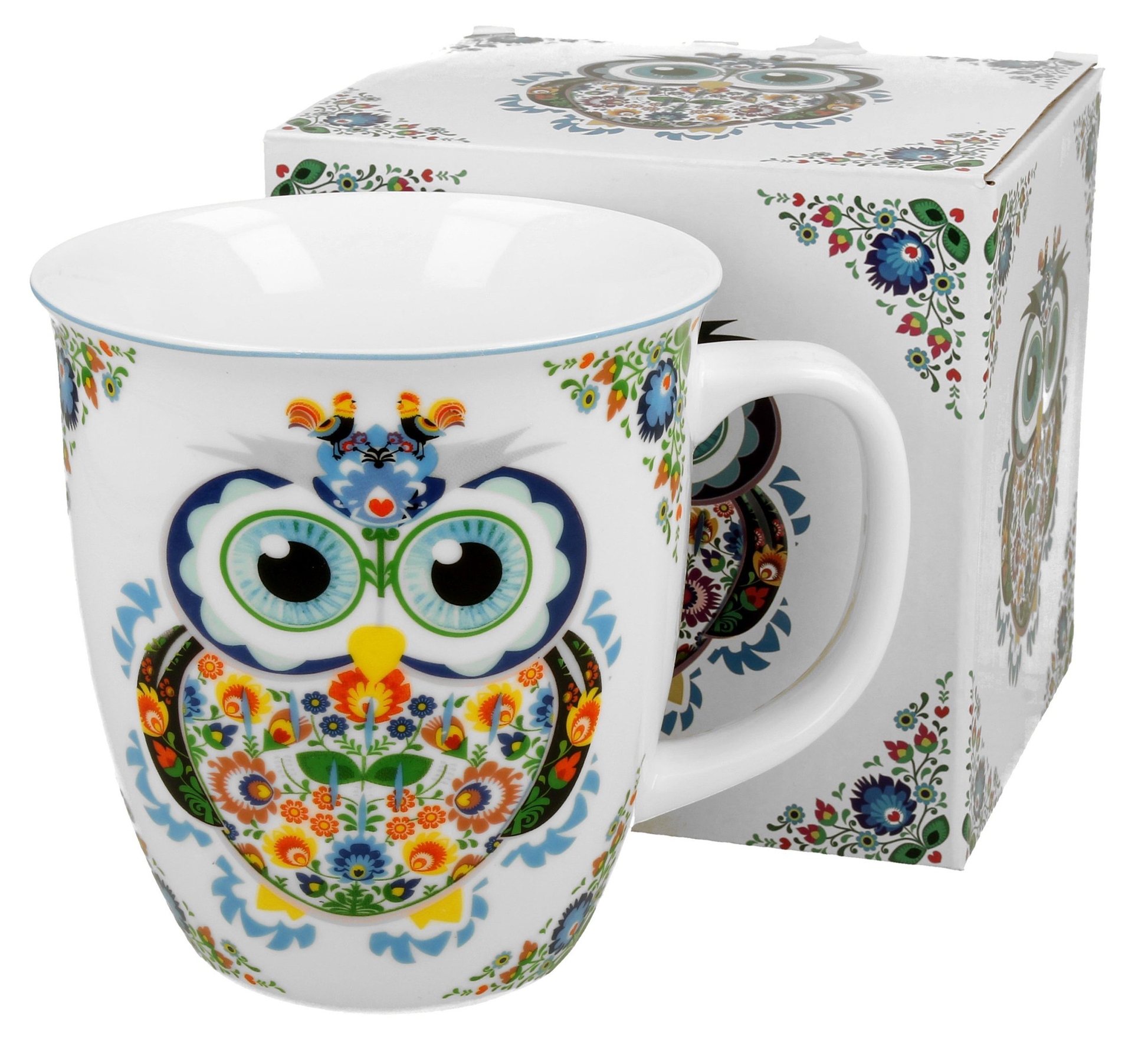 Duży kubek porcelanowy Sowa Etno 650 ml z ozdobnym pudełkiem.