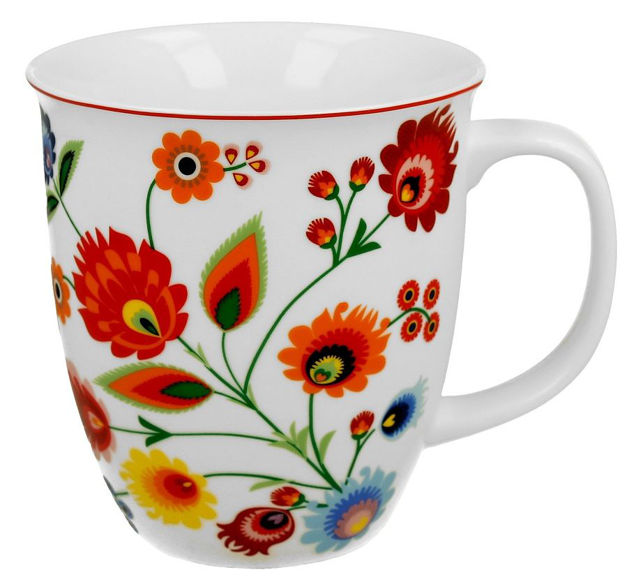 Kubek porcelanowy Łowicz 650 ml z folkowym wzorem kwiatowym.