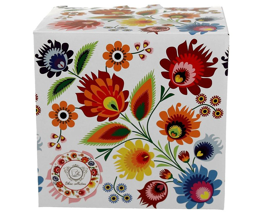 Ozdobne pudełko prezentowe z motywem łowickich kwiatów do kubka porcelanowego Łowicz.