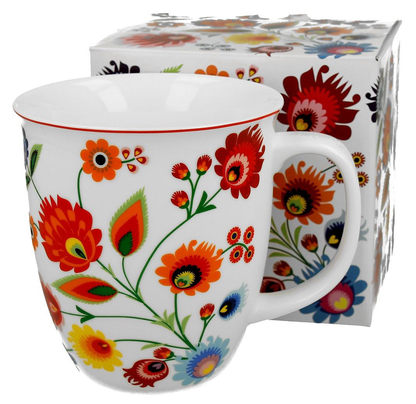 Komplet kubek porcelanowy Łowicz 650 ml w ozdobnym pudełku z kolorowym motywem folklorystycznym.