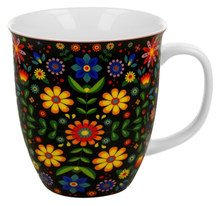 Kubek porcelanowy Merida Black 650 ml z kolorowym wzorem kwiatowym na czarnym tle.