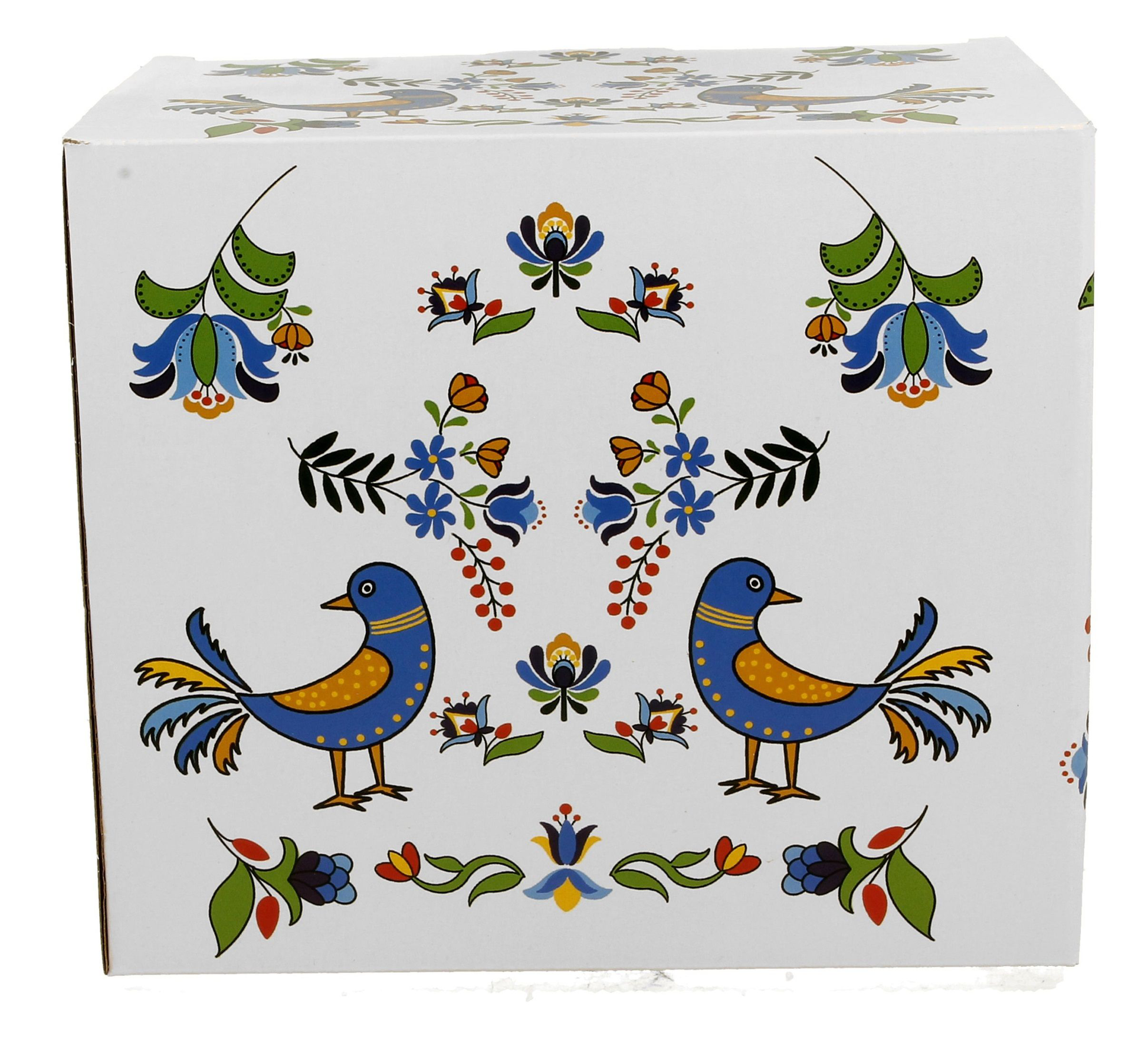 Pudełko kubka porcelanowego XXL Ptaszek Kaszubski 1000 ml – widok z przodu, wzór kaszubski w kolorach niebieskim, żółtym i zielonym.