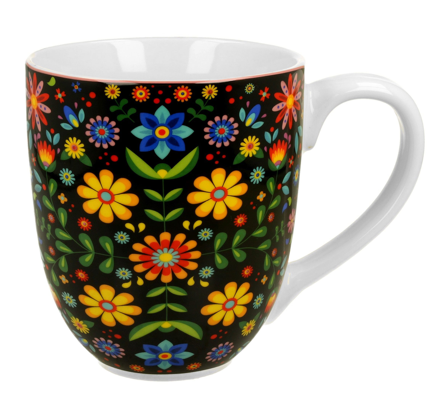 Kubek porcelanowy XXL Merida Black 1000 ml z motywem kwiatowym na czarnym tle – widok z przodu.