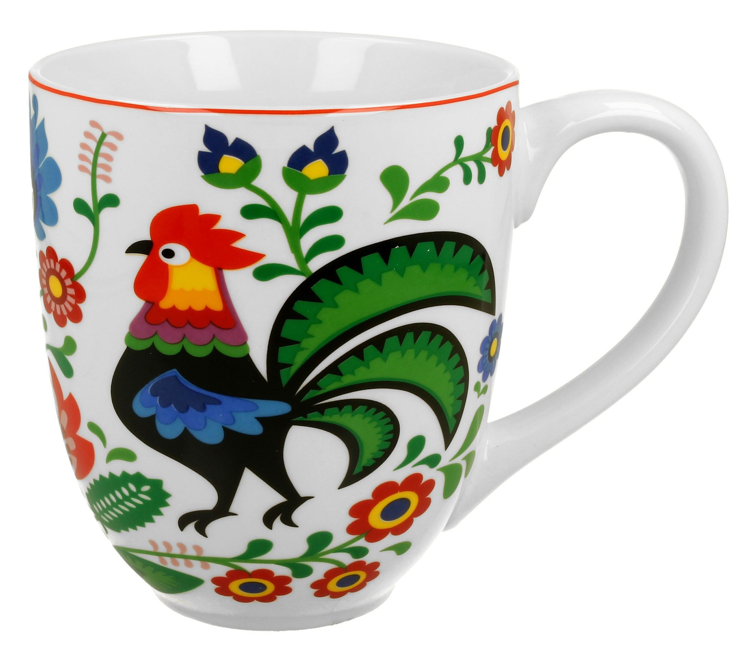 Duży porcelanowy kubek 1000 ml ozdobiony kolorowym wzorem koguta i kwiatów ludowych.