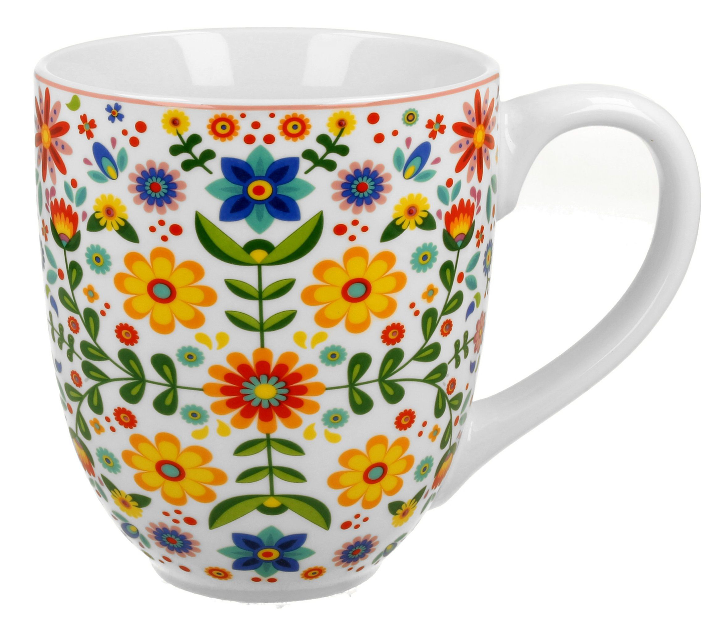 Kubek porcelanowy Merida White 1000 ml z motywem wielobarwnych kwiatów na białym tle, widok z przodu.