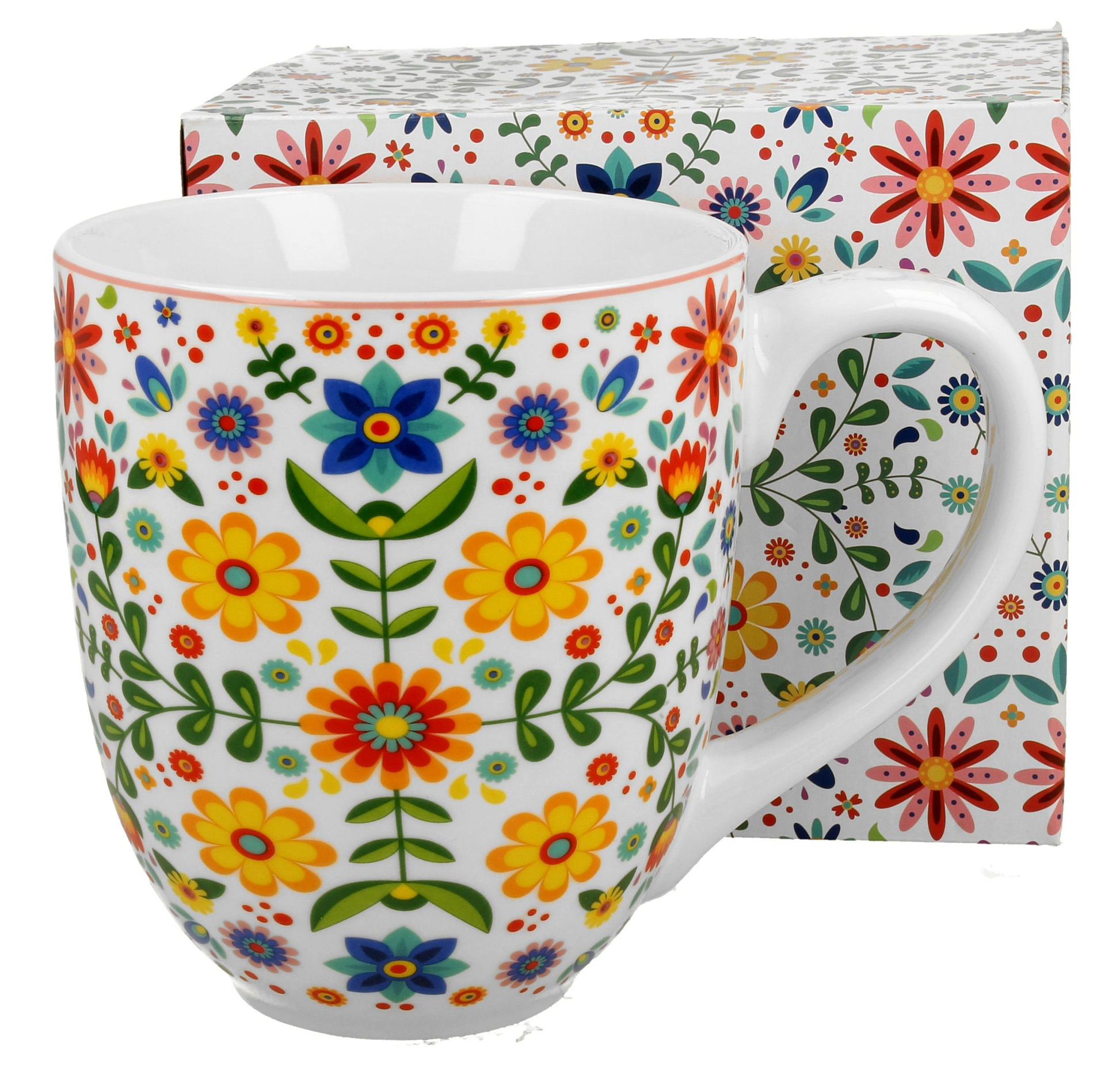 Zestaw kubka porcelanowego Merida White 1000 ml z pudełkiem, oba zdobione ludowym motywem kwiatowym.