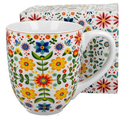 Zestaw kubka porcelanowego Merida White 1000 ml z pudełkiem, oba zdobione ludowym motywem kwiatowym.