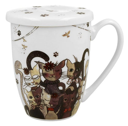 Kubek porcelanowy Cats Family 380 ml z pokrywką i kocim motywem, idealny na prezent.