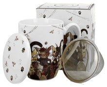 Kubek z zaparzaczem Cats Family 380 ml, porcelana New Bone China, ozdobiony wzorem kotów.