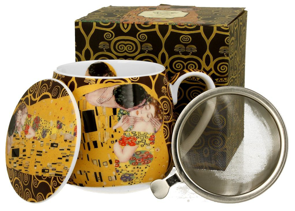 Zestaw kubek porcelanowy baryłka z zaparzaczem, pokrywką i pudełkiem Klimt The Kiss