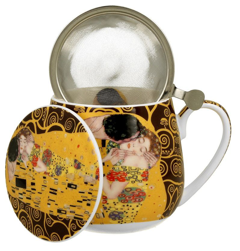 Kubek porcelanowy z zaparzaczem i pokrywką w brązowej kolorystyce z motywem The Kiss