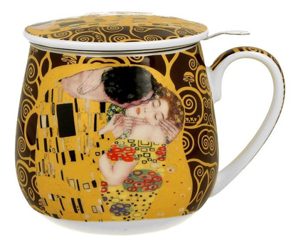 Kubek porcelanowy baryłka z zaparzaczem i pokrywką zdobiony obrazem Klimta