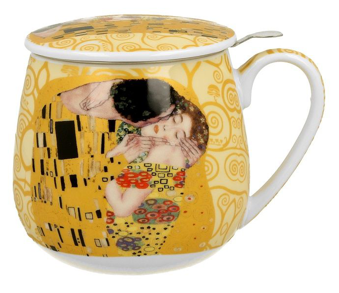 Kubek porcelanowy Klimt The Kiss Ecru z pokrywką, widok z boku.