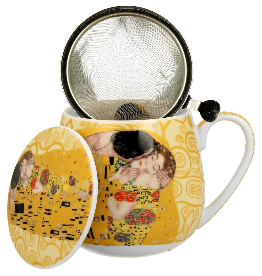 Kubek porcelanowy baryłka Klimt The Kiss Ecru z zaparzaczem i pokrywką.