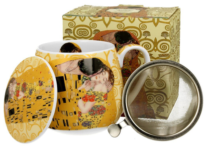 Zestaw kubek baryłka z zaparzaczem Klimt The Kiss Ecru w ozdobnym opakowaniu.