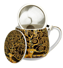 Kubek porcelanowy baryłka z zaparzaczem i pokrywką w stylu Klimt Tree of Life