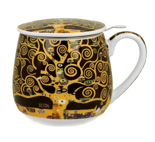 Kubek baryłka z porcelany z motywem Drzewo Życia, widok z pokrywką