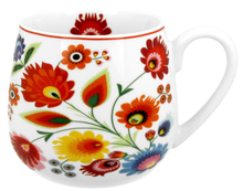 Porcelanowy kubek baryłka o pojemności 430 ml zdobiony kolorowymi kwiatami w stylu łowickim.