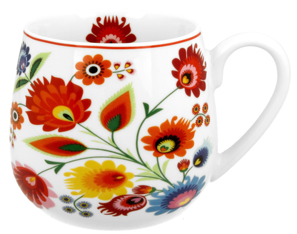 Porcelanowy kubek baryłka o pojemności 430 ml zdobiony kolorowymi kwiatami w stylu łowickim.