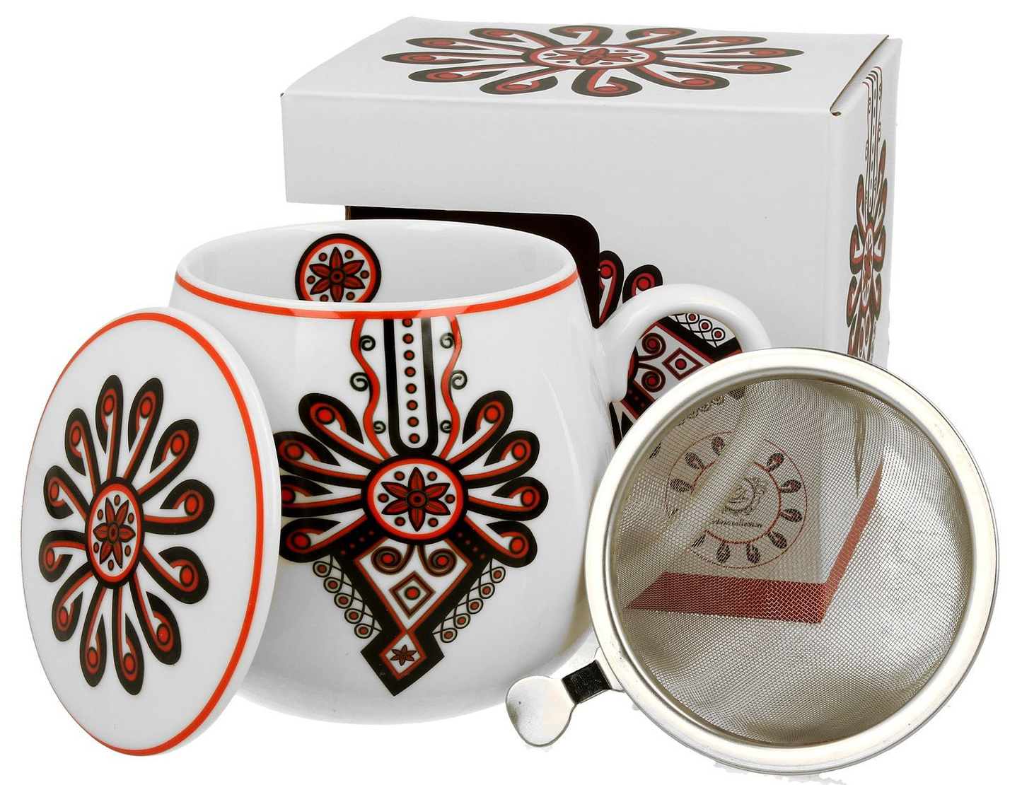 Kubek porcelanowy baryłka Parzenica z zaparzaczem, pokrywką i ozdobnym pudełkiem.