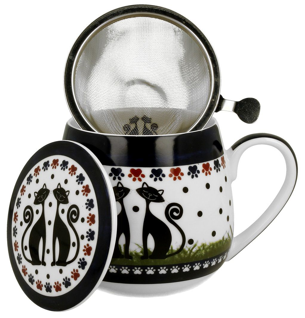 Kubek porcelanowy Indigo z zaparzaczem i pokrywką w kwiatowy wzór.