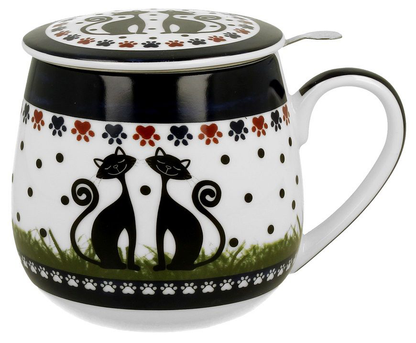 Kubek porcelanowy Indigo z zaparzaczem, pokrywką i wzorem kotów.