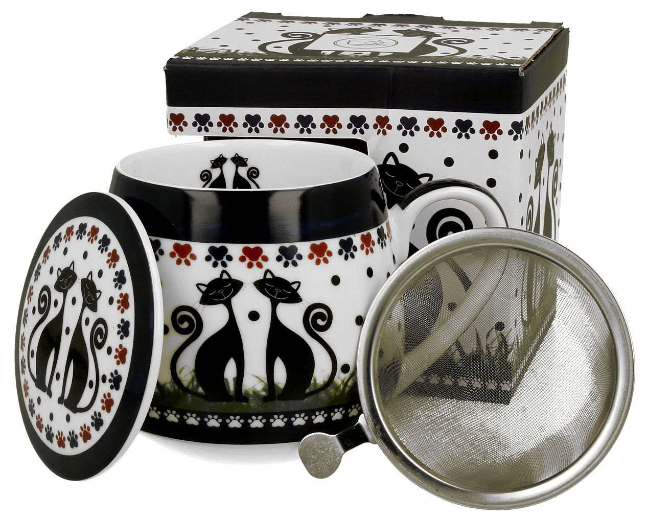 Zestaw kubek porcelanowy Indigo z metalowym zaparzaczem i pudełkiem.