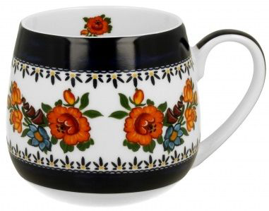Porcelanowy kubek baryłka 430 ml z motywem kwiatów w czerwieni, pomarańczu i granacie.