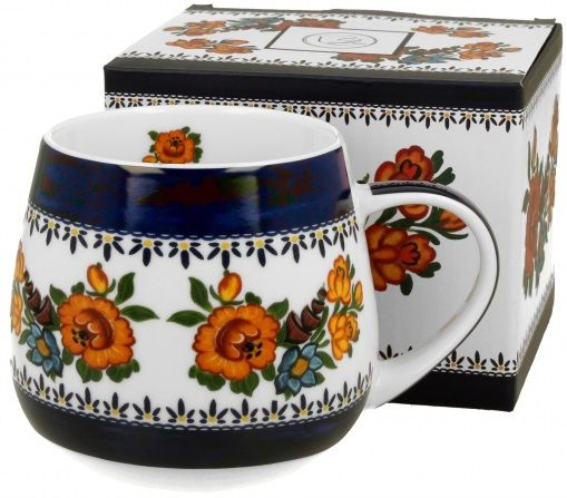 Kubek baryłka Indigo 2 – 430 ml zaprezentowany w komplecie z ozdobnym pudełkiem prezentowym.