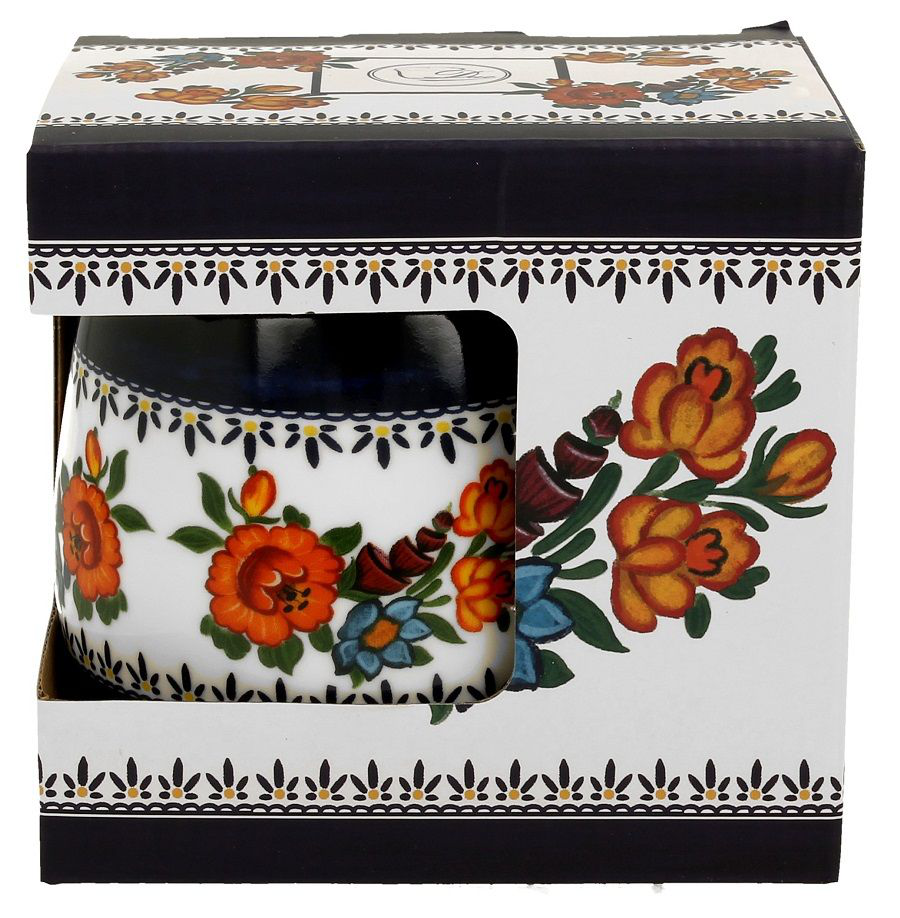 Kubek porcelanowy baryłka Indigo 2 w ozdobnym pudełku z motywem kwiatowym.